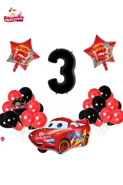 Bkmc Araba Yıldız 3 Yaş Folyolu Siyah Kırmızı Doğum Günü Parti Seti ürün görseli 1