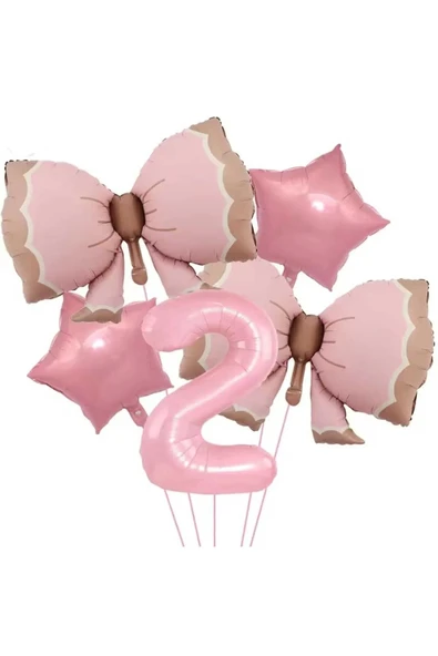 Bkmc 2 YAŞ PEMBE RENKLİ RETRO PEMBE FİYONKLU BALONLU DOĞUM GÜNÜ PARTİ SETİ SÜSÜ