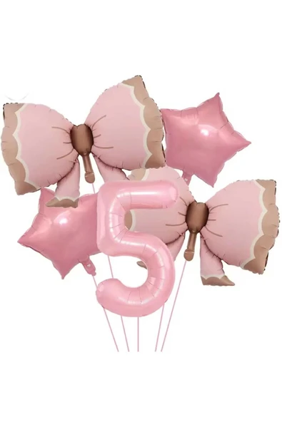 Bkmc 5 YAŞ PEMBE RENKLİ RETRO PEMBE FİYONKLU BALONLU DOĞUM GÜNÜ PARTİ SETİ SÜSÜ