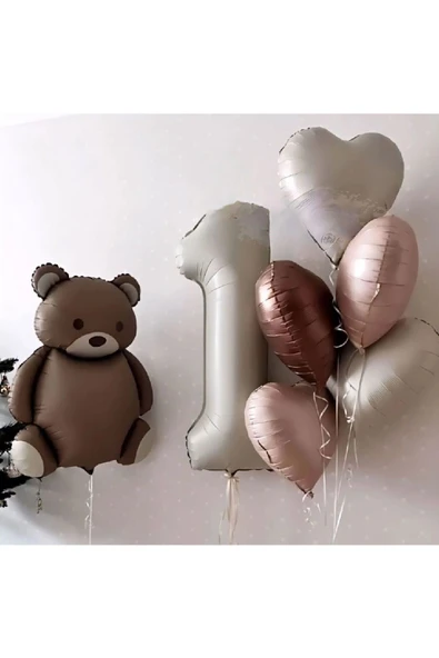 Bkmc KREM YAŞLI RETRO KALP FOLYOLU AYICIK BOHOO BALON DEMETİ DOĞUM GÜNÜ PARTİ SETİ SÜSÜ ürün görseli 1