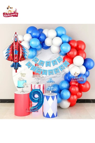 Bkmc Jet Uçak Mavi 9 Yaş Folyolu Kırmızı Beyaz Mavi Balon Zincir Doğum Günü Seti