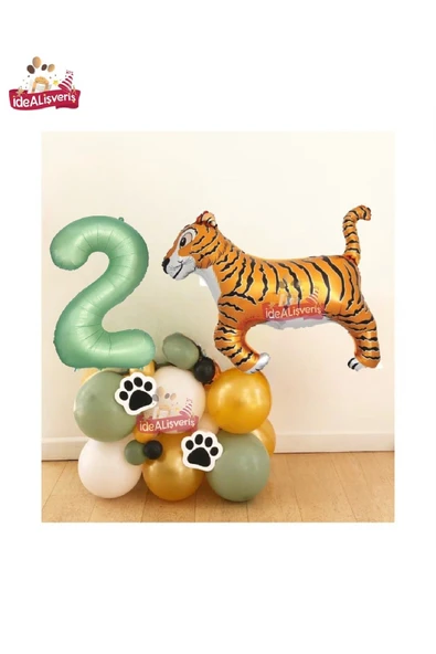 Bkmc Büyük Kaplan Balon 2 Yaş Yeşil Folyo Balonu Safari Balon  Kaplan Doğum Günu Parti Seti Süsü - Resim 3