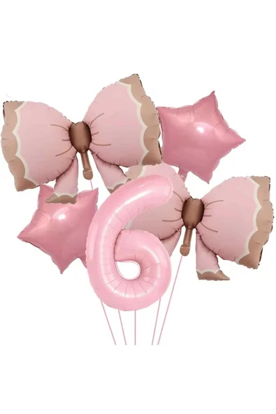 Bkmc 6 YAŞ PEMBE RENKLİ RETRO PEMBE FİYONKLU BALONLU DOĞUM GÜNÜ PARTİ SETİ SÜSÜ - Resim 3