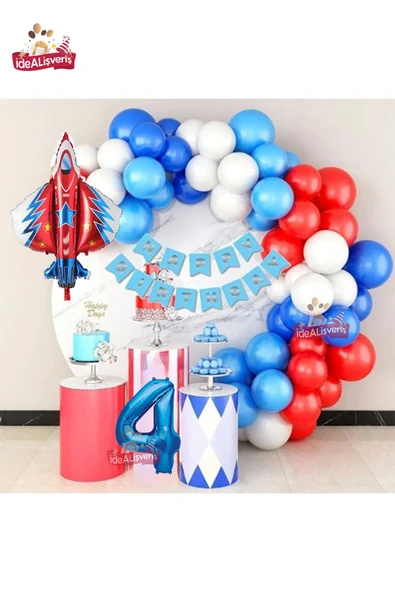 Bkmc Jet Uçak Mavi 4 Yaş Folyolu Kırmızı Beyaz Mavi Balon Zincir Doğum Günü Seti