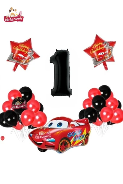 Bkmc Araba Yıldız 1 Yaş Folyolu Siyah Kırmızı Doğum Günü Parti Seti ürün görseli 1