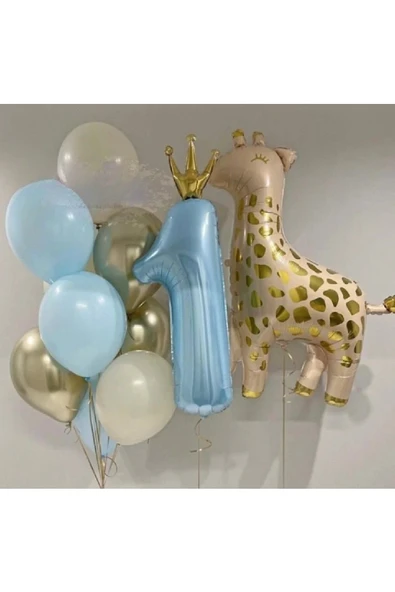 Bkmc ZÜRAFA FOLYO BALONLU BLUE CROWN BALON DOĞUM GÜNÜ PARTİ SETİ SÜSÜ - 4