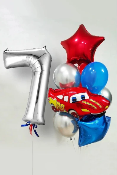 BKMC PARTY 7 Yaş Şimşek Araba Temalı Balon Seti 76cm Gümüş Rakam Balonlu Yıldızlı Set