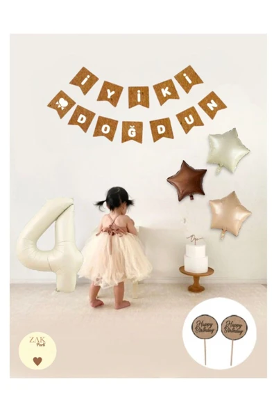 Bkmc Krem Rakam Folyo Balon Retro Yıldız Folyo Balon Seti Kraft İyiki Doğdun Yazı Banner - Resim 4