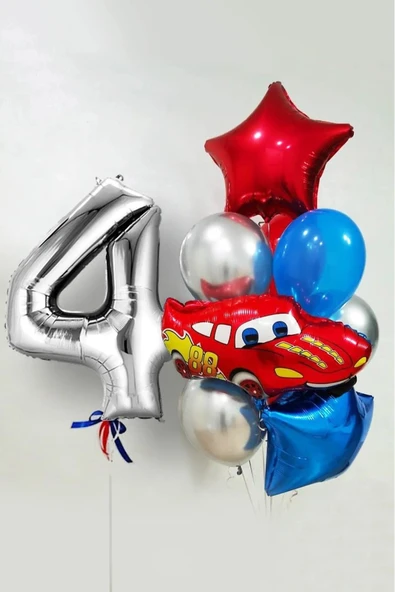 BKMC PARTY 4 Yaş Şimşek Araba Temalı Balon Seti 76cm Gümüş Rakam Balonlu Yıldızlı Set - 3