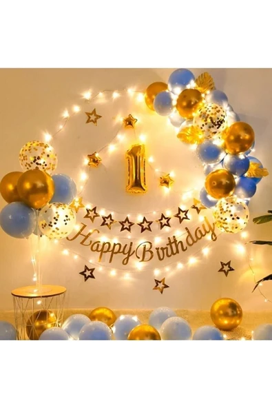 Bkmc Led Işıklı Gold Mavi Balon Kemer Kiti Doğum Günü PArti Seti Süsü - Resim 4