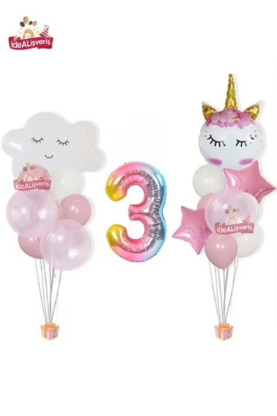 Bkmc Bulut Eyelash Gökkuşağı 3 Yaş Folyo Pembe Beyaz Balonlu Doğum Günü Parti Seti ürün görseli