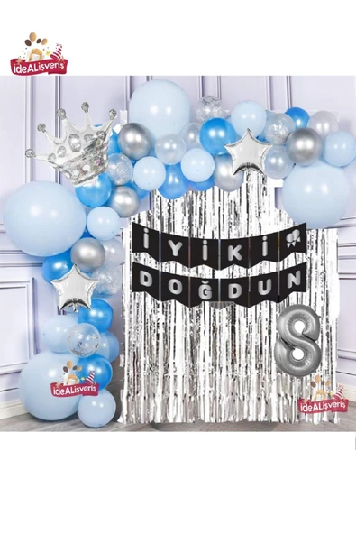 Bkmc Gümüş Mavi Konseptli Yıldızlı Kral Taçlı 8 Yaş Balon Zinciri Doğum Günü Seti Iyi Ki Doğdun