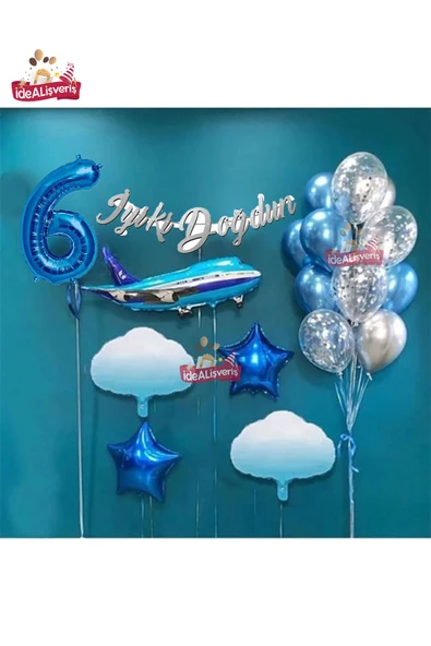 Bkmc Gökyüzü Temalı 6 Yaş Bulut Uçak Folyo Balonlu Gümüş Mavi Doğum Günü Parti Seti ürün görseli 1