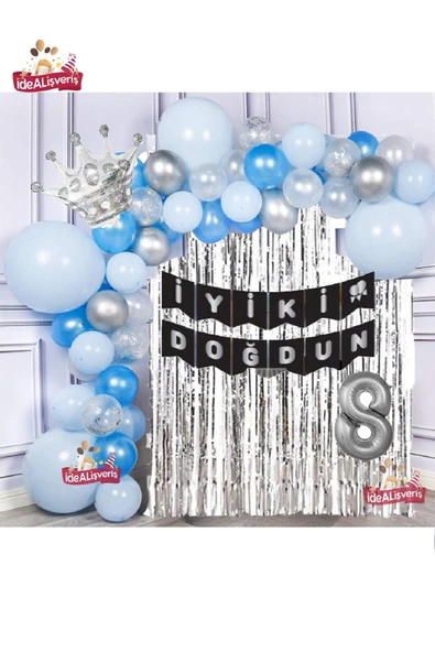 Bkmc Gümüş Kral Taçlı 8 Yaş Balonlu Balon Zincirli Doğum Günü Seti Iyi Ki Doğdun - Resim 2