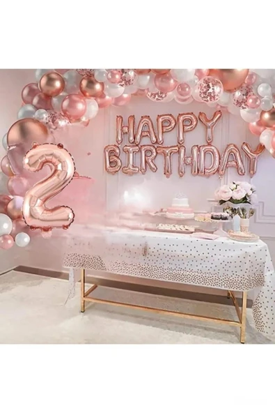 Bkmc 2 Yaş RoseGold Doğum Günü Dekorasyon Parti Seti Süsü