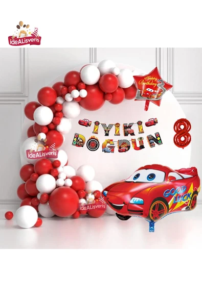 Bkmc Bannerli 8 Yaş 36 cm Kırmızı Araba Yıldız Folyo Balonlu Beyaz Kırmızı Konsept Doğum Günü Parti Seti - Resim 3