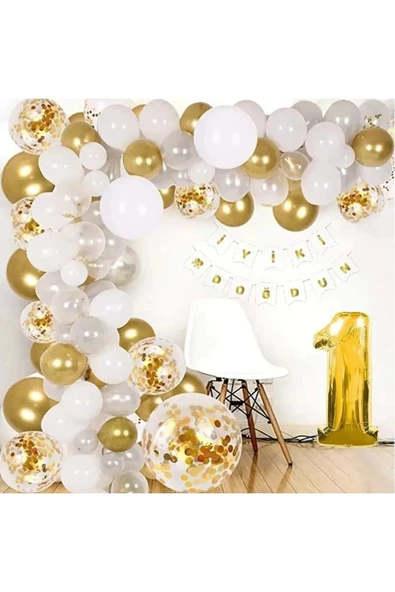BKMC PARTY Beyaz Üzeri Gold Yaş Balon Zinciri Seti Gölge Altın Balon Dekorasyon - 3