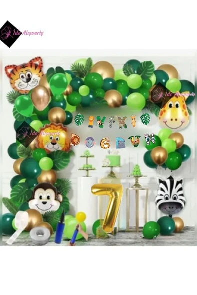 Bkmc 7 Yaş Iyi Ki Doğdun Uzar Yazı Safari Temalı Folyo Lüks Zincir Balon Seti