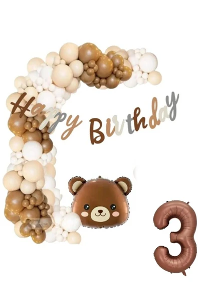 Bkmc Ayı Folyo Balonlu Kahve 3 Yaş Folyolu Karamel Doğum Günü Parti Seti Süsü - Resim 3