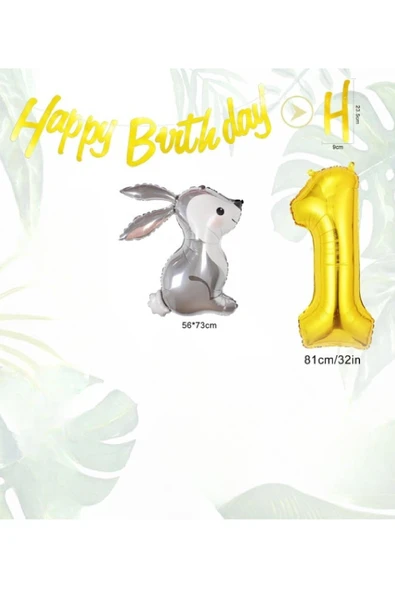 Bkmc SEVİMLİ TAVŞAN FOLYO BALONLU GOLD YAŞ BALONLU DOĞUM GÜNÜ PARTİ SETİ SÜSÜ - Resim 3