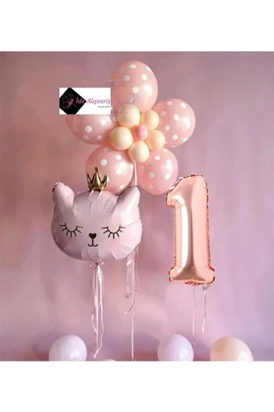 Bkmc 1 YAŞ ÇİÇEK KEDİ BALON DEMETİ DOĞUM GÜNÜ SÜSÜ DOĞUM GÜNÜ PARTİ SETİ - Resim 2
