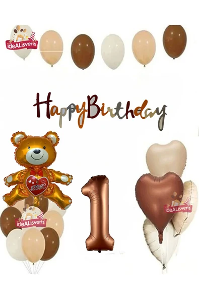 Bkmc Kahverengi 1 Yaş Ayıcık Kalp Folyo Balonlu Beyaz Kahverengi Krem Doğum Günü Parti Seti ürün görseli