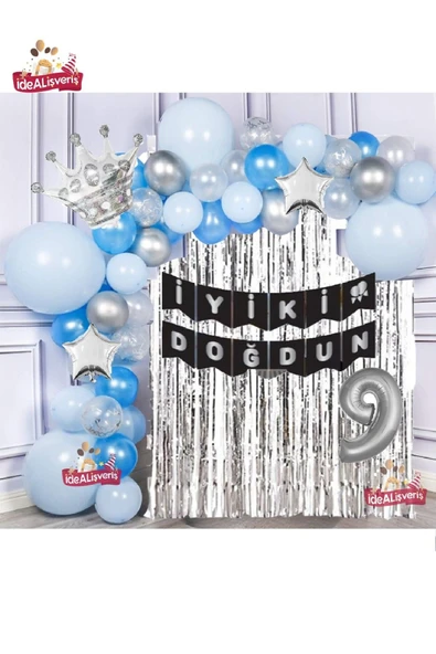 Bkmc Gümüş Mavi Konseptli Yıldızlı Kral Taçlı 9 Yaş Balon Zinciri Doğum Günü Seti Iyi Ki Doğdun ürün görseli 1