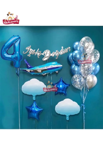 Bkmc Gökyüzü Temalı 4 Yaş Bulut Uçak Folyo Balonlu Gümüş Mavi Doğum Günü Parti Seti ürün görseli