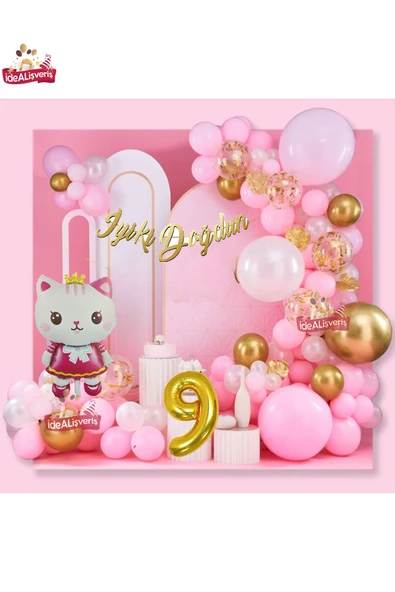 Bkmc Taçlı Kedi 9 Yaş Folyo Balonlu Gold Pembe Konsept Doğum Günü Parti Seti ürün görseli