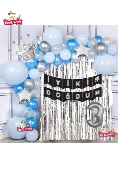 Bkmc Gümüş Mavi Konseptli Yıldızlı Kral Taçlı 3 Yaş Balon Zinciri Doğum Günü Seti Iyi Ki Doğdun - Resim 2