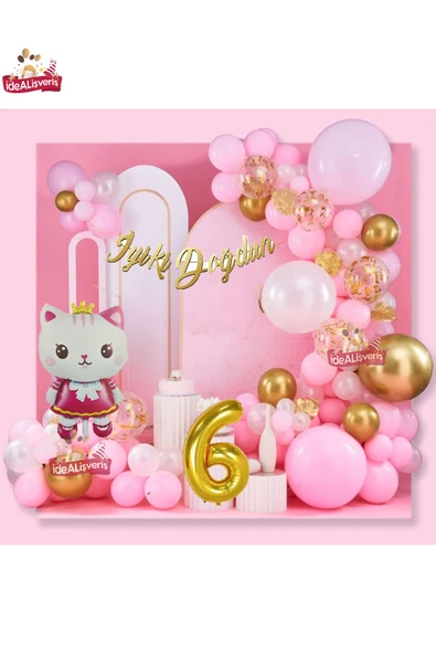 Bkmc Taçlı Kedi 6 Yaş Folyo Balonlu Gold Pembe Konsept Doğum Günü Parti Seti
