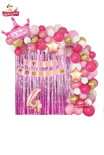 Bkmc Yıldızlı Pembe Beyaz Konseptli 4 Yaş Kraliçe Taçlı Doğum Günü Balon Zincir Seti ürün görseli 1