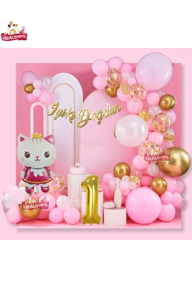 Bkmc Taçlı Kedi 1 Yaş Folyo Balonlu Gold Pembe Konsept Doğum Günü Parti Seti