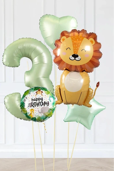 Laviyosa Safari Tema Doğum Günü Yaş Balonlu Retro Yeşil Safari Balonları Sevimli Aslan Parti Seti - 2
