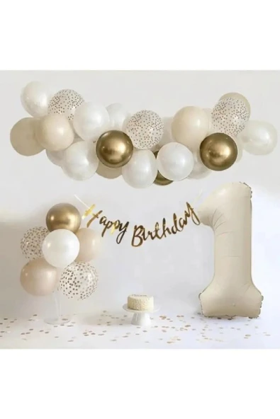 Bkmc KREM YAŞ RAKAM FOLYO BALONLU DOĞUM GÜNÜ PARTİ ZİNCİR SETİ SÜSÜ - Resim 3