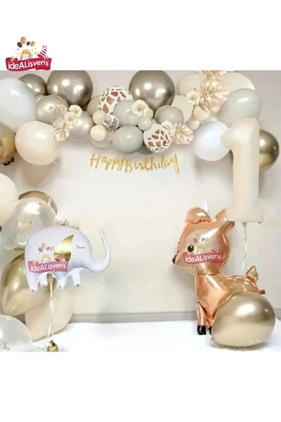 Bkmc FİL CEYLAN RETRO KREM RENK BALON DOĞUM GÜNÜ PARTİ SETİ SÜSÜ - Resim 3