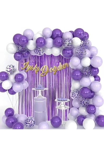Bkmc Lüks Mor Lila Beyaz Doğum Günü Balon Zincir Seti - Resim 2