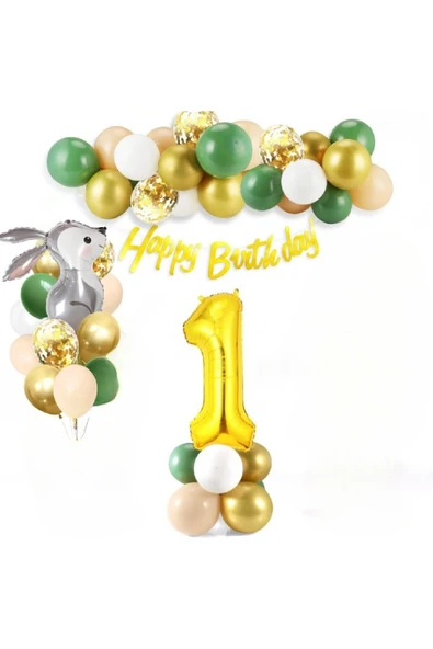 Bkmc SEVİMLİ TAVŞAN FOLYO BALONLU GOLD YAŞ BALONLU DOĞUM GÜNÜ PARTİ SETİ SÜSÜ