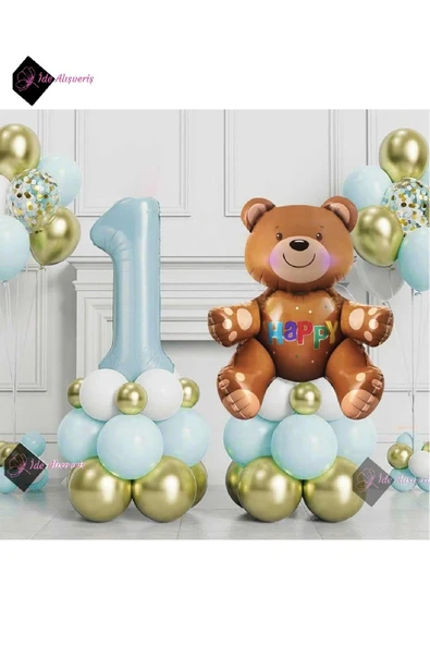 Bkmc Ayıcıklı Mavi 1 Yaş Krom Balonlu Balon Seti Mavi Doğum Günü Süsü Parti Seti ürün görseli 1
