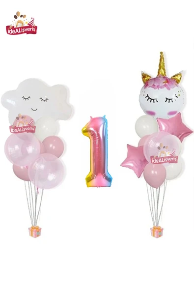 Bkmc Bulut Eyelash Gökkuşağı 1 Yaş Folyo Pembe Beyaz Balonlu Doğum Günü Parti Seti