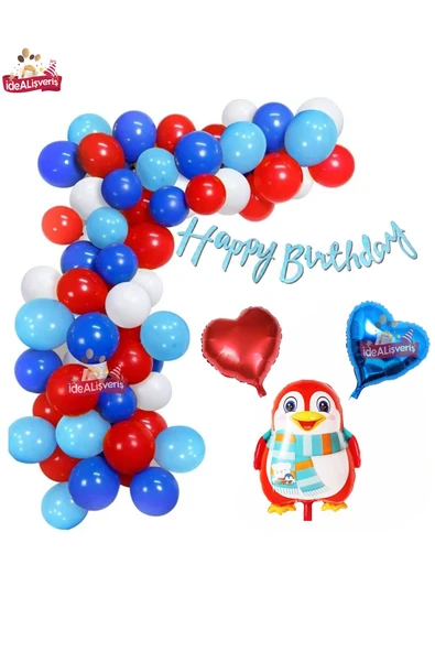 Bkmc Penguen Kalp Folyo Balonlu Kırmızı Mavi Beyaz Konsept Doğum Günü Parti Seti ürün görseli