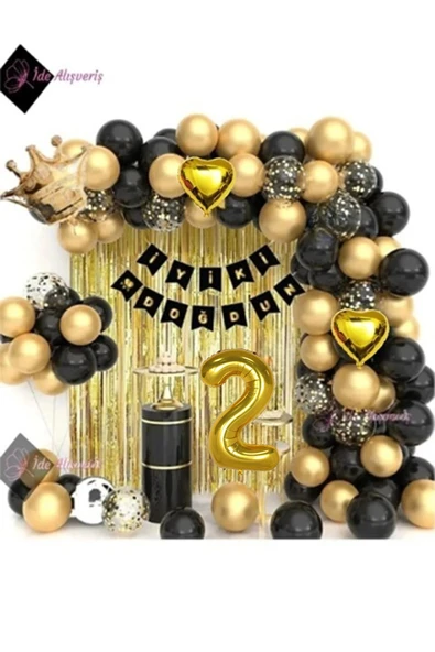 Bkmc Gold Ve Siyah Renkli Yıldızlı 2 Yaş Balon Zinciri Doğum Günü Seti Iyi Ki Doğdun Doğum Günü Süsü
