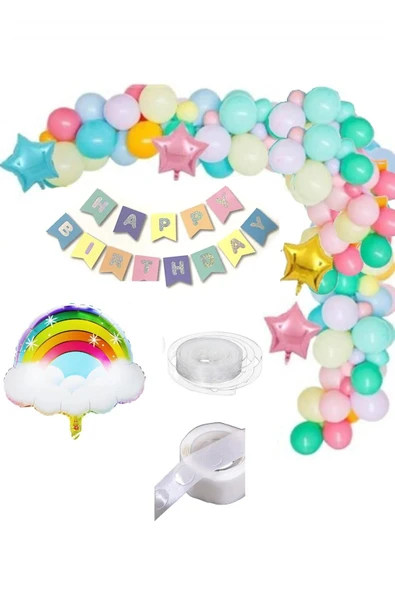 Bkmc 50 Makaron Balon+1 Bulut 3 Yıldız Folyo Balon Parti Gökkuşağı Doğum Günü Renkli Zincir Seti Sticker - Resim 2