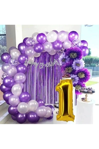 Bkmc 1 YAŞ LÜX MOR LİLA BALON ZİNCİR SET DOĞUM GÜNÜ PARTİ SETİ SÜSÜ