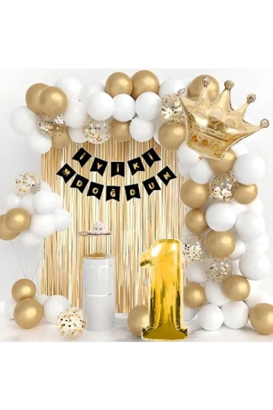 Bkmc Kral Taçlı 1 Yaş Doğum Günü Gold Beyaz Balon Seti - Resim 2