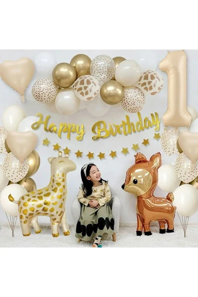 Bkmc ZÜRAFA CEYLAN FOLYO YAŞ FOLYOLU DOĞUM GÜNÜ PARTİ SET SÜSÜ BALON SET - 3