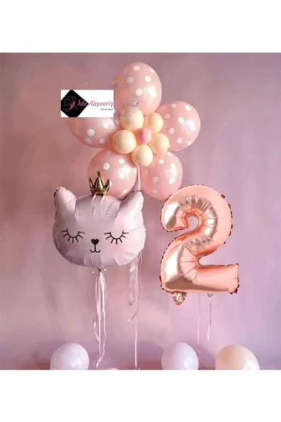 Bkmc 2 YAŞ ÇİÇEK KEDİ BALON DEMETİ DOĞUM GÜNÜ SÜSÜ DOĞUM GÜNÜ PARTİ SETİ