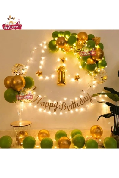 Bkmc 1 Yaş Led Işıklı Gold Küfyeşili Balon Kemer Kiti Doğum Günü Parti Seti Süsü - Resim 3