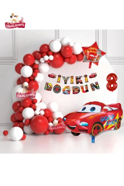 Bkmc Bannerli 8 Yaş 36 cm Kırmızı Araba Yıldız Folyo Balonlu Beyaz Kırmızı Konsept Doğum Günü Parti Seti - Resim 2