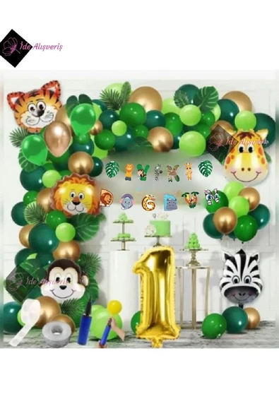 Bkmc 1 Yaş Iyi Ki Doğdun Uzar Yazı Safari Temalı Folyo Lüks Zincir Balon Seti